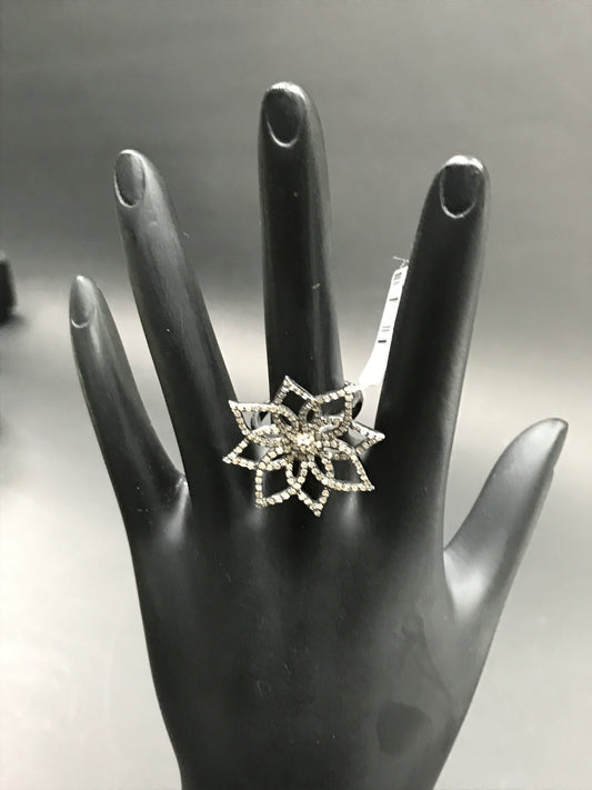 Flower Pave Diamond Ring .925 Oxidized Sterling Silver Diamond Ring, Genuine handmade pave diamond Ring Size Approx 1.08"(27 x 27 MM)