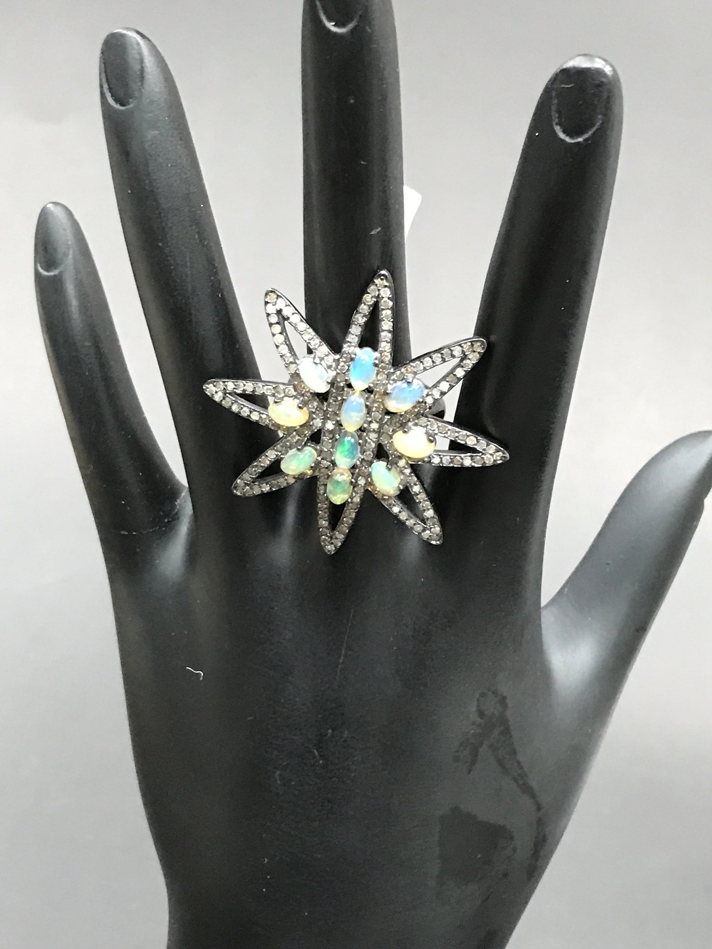 Ring Diamond with Opal .925 Oxidized Sterling Silver Diamond Ring, Genuine handmade pave diamond Ring Size Approx 1.52"(38 MM)