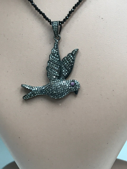 Bird Diamond Pendant .925 Oxidized Sterling Silver Diamond Pendant, Genuine handmade pave diamond Pendant Size Approx 31 x 41 mm