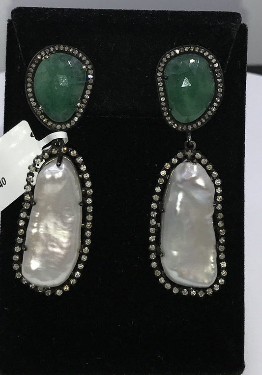 Pearl and Emerald Slice Earring with Diamonds