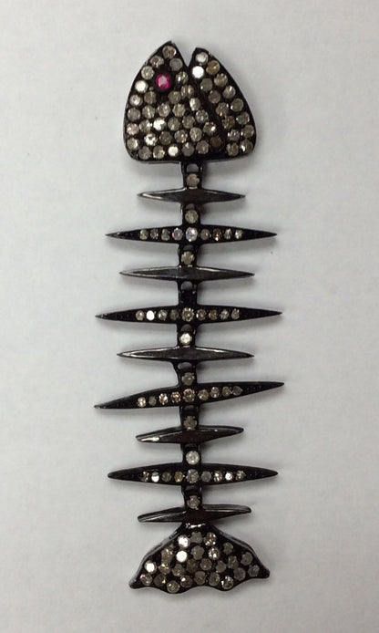 Diamond Skeletal Fish Diamond Pendant, Pave Diamond Pendant, Skeletal Fish Necklace, Approx 43 x 16mm. Sterling Silver