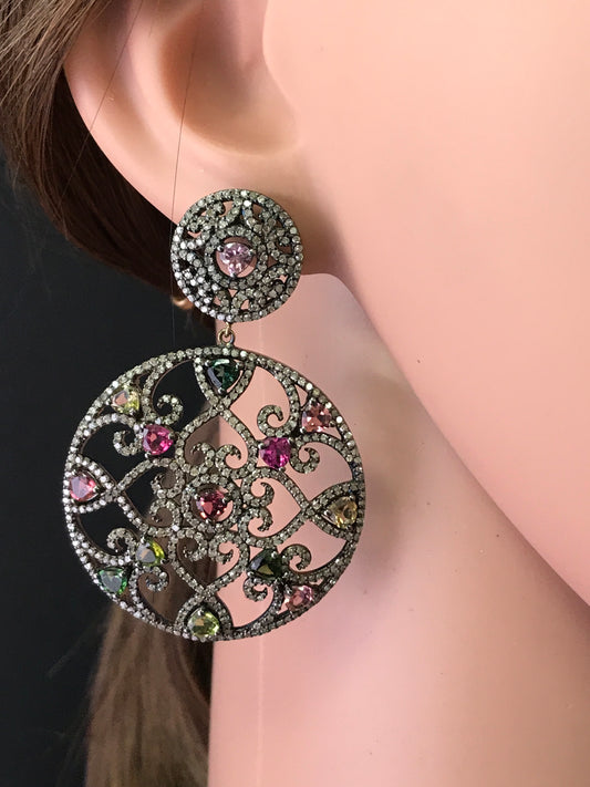 Diamond and Multi Tourmaline Silver Earrings