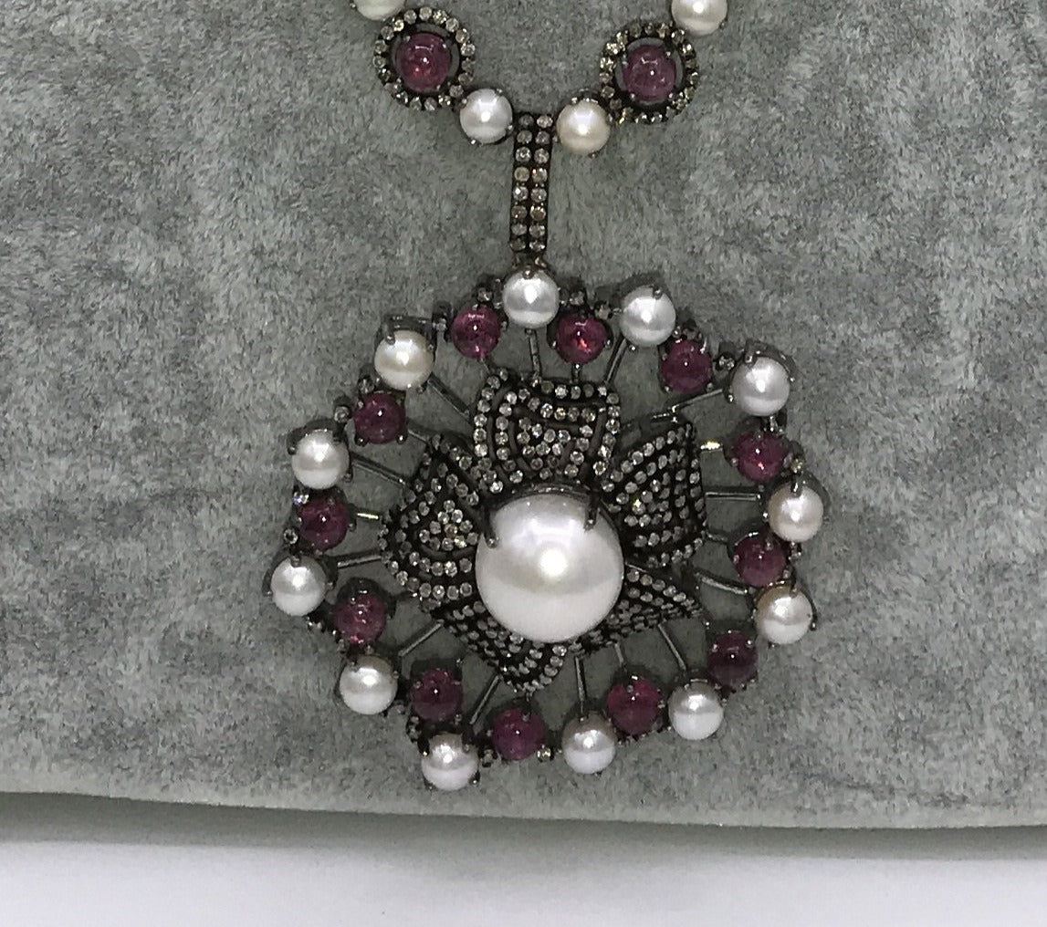 Pink Tourmaline and pearl designer pendant necklace with Diamonds