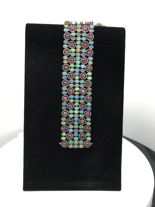 Opal and Pink Tourmaline Designer Bracelet with Diamond