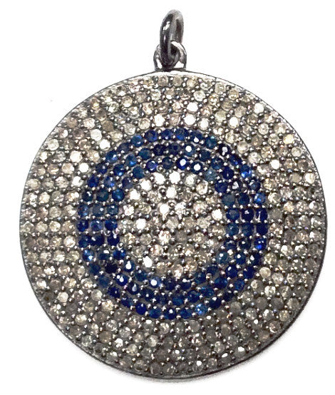 Round Disc Diamond & Gemstones Pendants,27 mm Genuine handmade pave diamond pendants,.925 Oxidized Sterling Silver Diamond Pendant