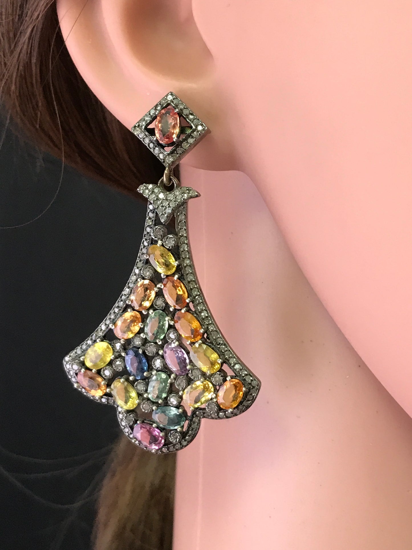 Diamond and Multi Sapphire Silver Earrings,