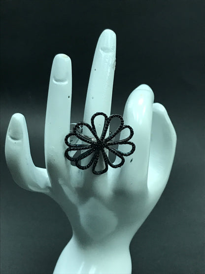 Flower Black Spinal Ring .925 Oxidized Sterling Silver Black Spinal Ring, Genuine handmade pave Black Spinal Ring Size Approx(36x34 mm)