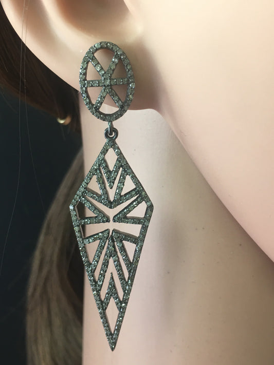 Diamond Art Deco Triangular Diamond Earring, Pave Diamond Earring,Pave Art Deco Earring, Approx 65 x 20mm. Sterling Silver