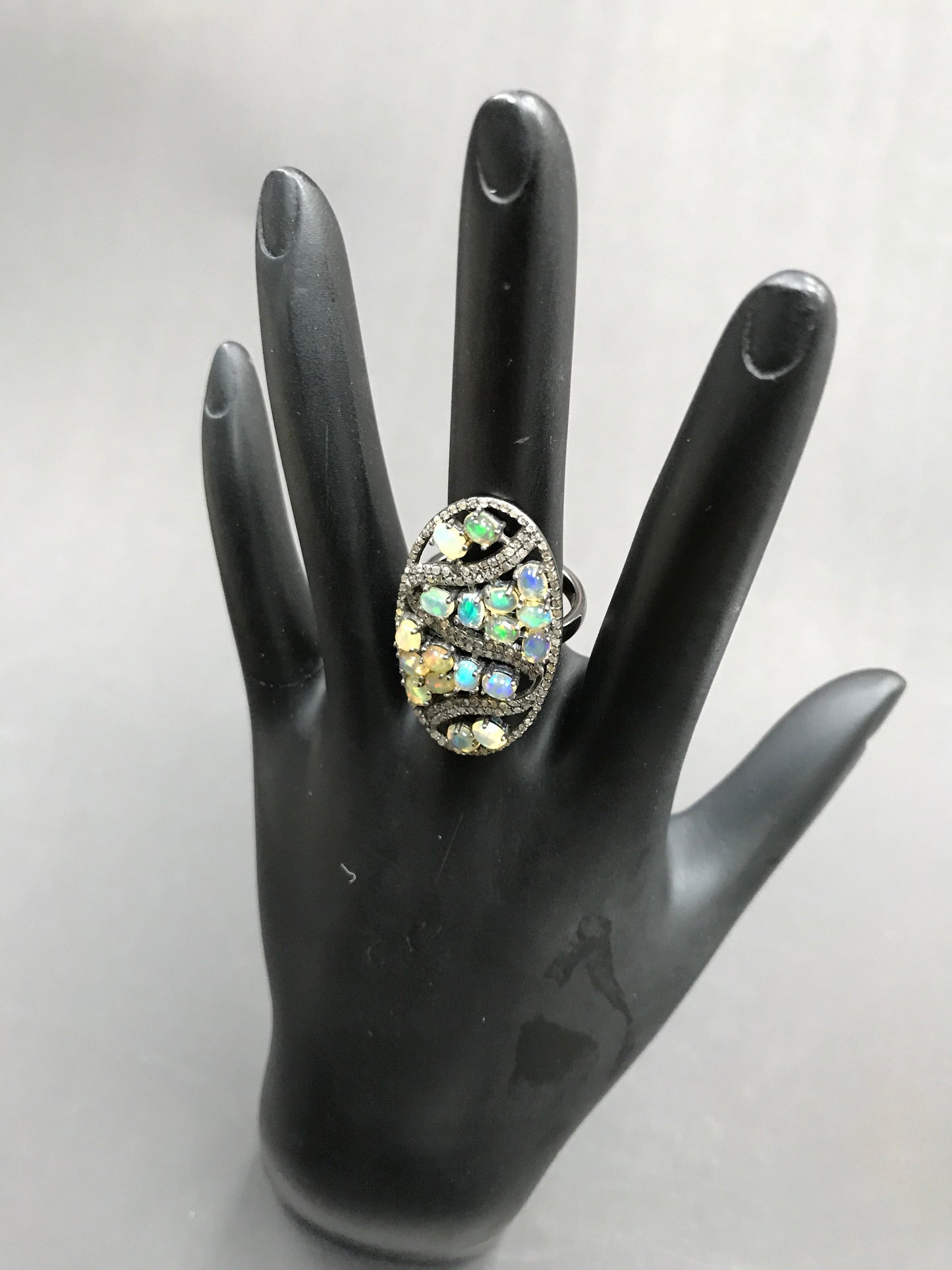 Oval Designer Diamond And Ethopian Opal Ring,Pave Diamond Ring,Diamond Ring,Pave Ring, Statement Ring, Oxidised Silver