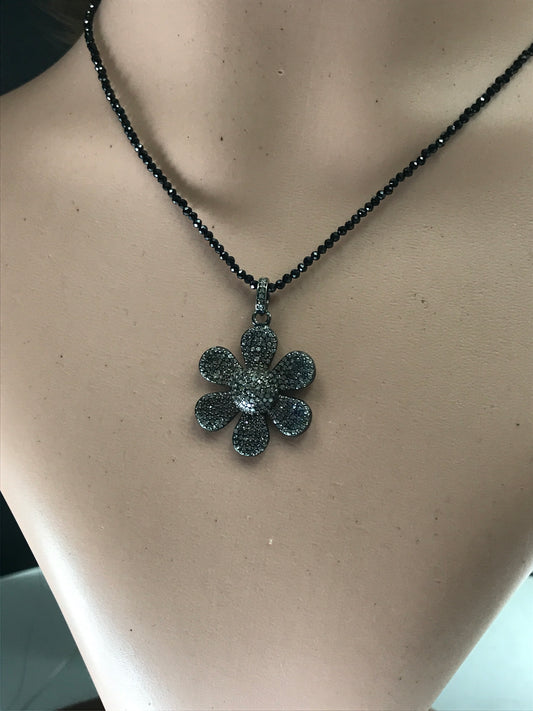 Flower Diamond Pendant .925 Oxidized Sterling Silver Diamond Pendant, Genuine handmade pave diamond Pendant Size Approx 1.32"(22 x 33 MM)