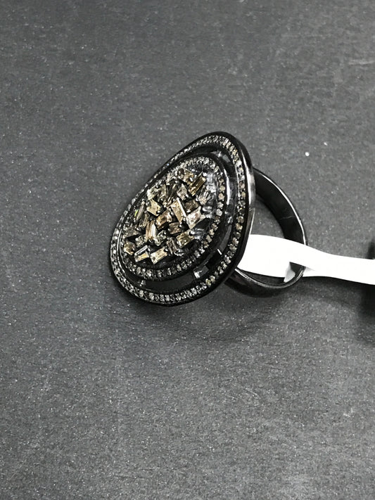 Oval Pave Diamond Ring .925 Oxidized Sterling Silver Diamond Ring, Genuine handmade pave diamond Ring