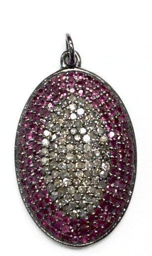 Oval Ruby Diamond Charm .925 Oxidized Sterling Silver Diamond Charms, Genuine handmade pave diamond Charm Size Approx 1.04"(Size 26 x 18 MM)