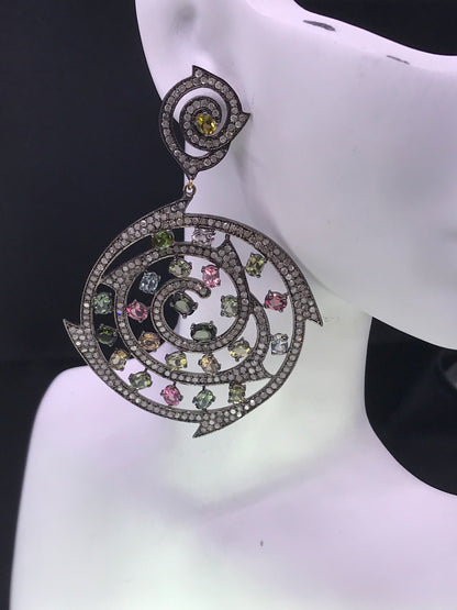 Diamond and Silver Multi Tourmaline Black Rhodium Finish Earring