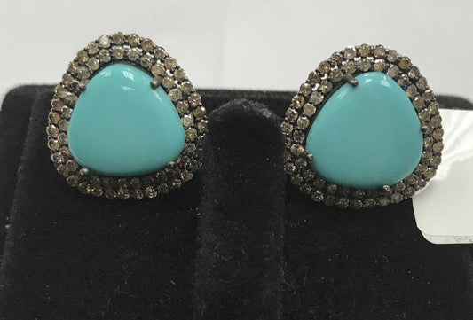 Turquoise Natural Flat Slice Smooth Diamond Earring Stud