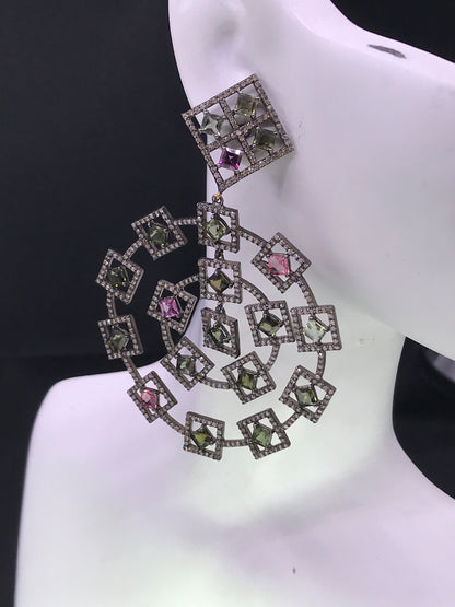 Diamond and Silver Multi Tourmaline Black Rhodium Finish Earrings