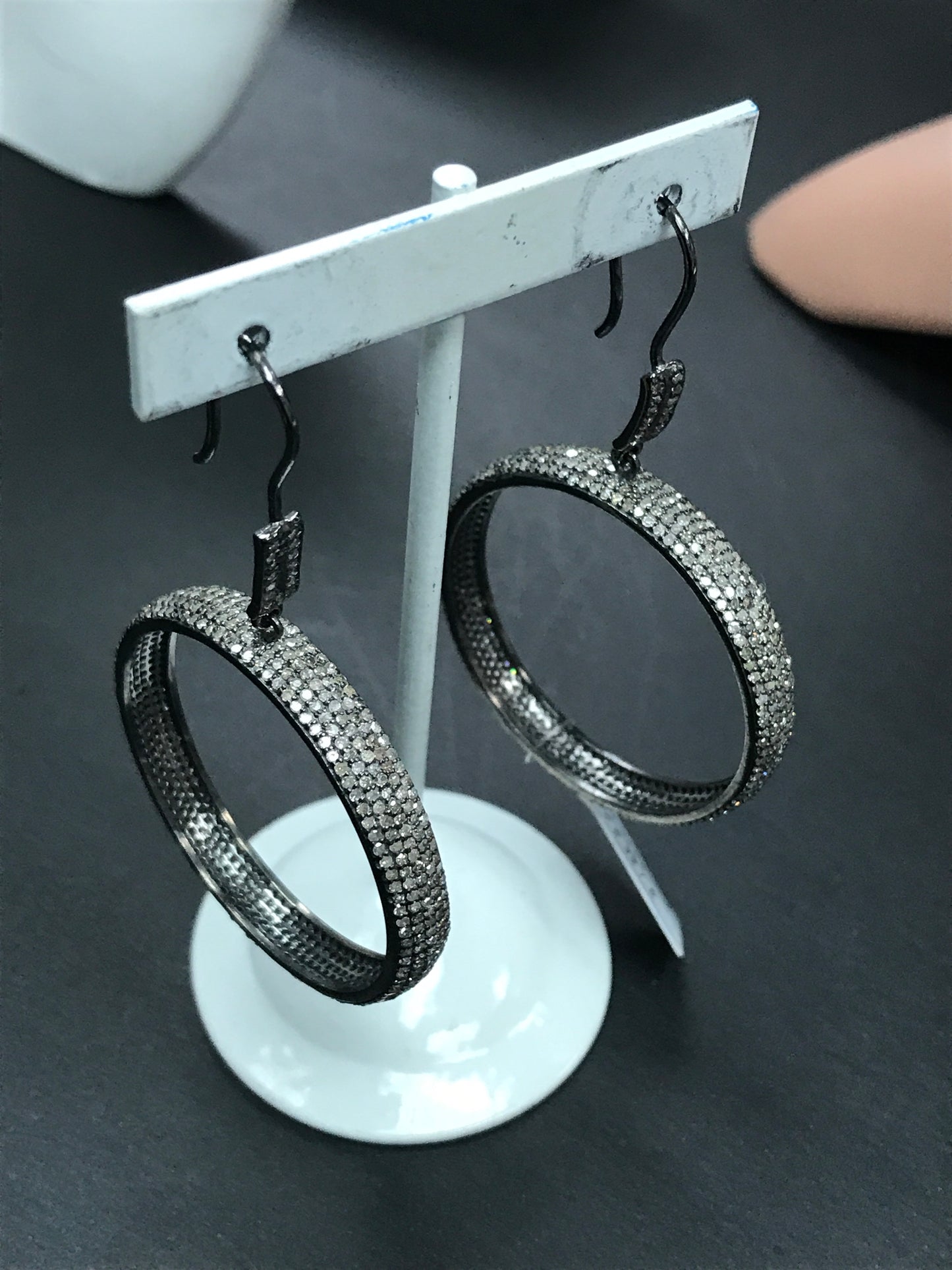 Round Diamond Silver Earring .925 Oxidized Sterling Silver Diamond Earring, Genuine handmade pave diamond Earring Size 2.80"(6 x 70 MM )
