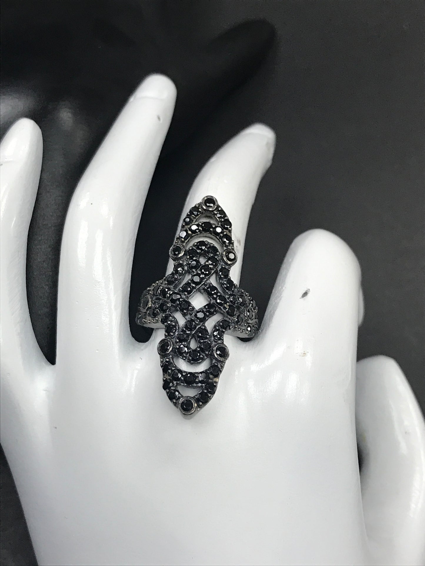 Victorian Black Spinal Ring .925 Oxidized Sterling Silver Black Spinal Ring, Genuine handmade pave Black Spinal Ring Size Approx(20x39 mm)