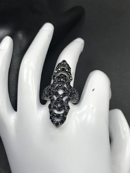 Victorian Black Spinal Ring .925 Oxidized Sterling Silver Black Spinal Ring, Genuine handmade pave Black Spinal Ring Size Approx(20x39 mm)