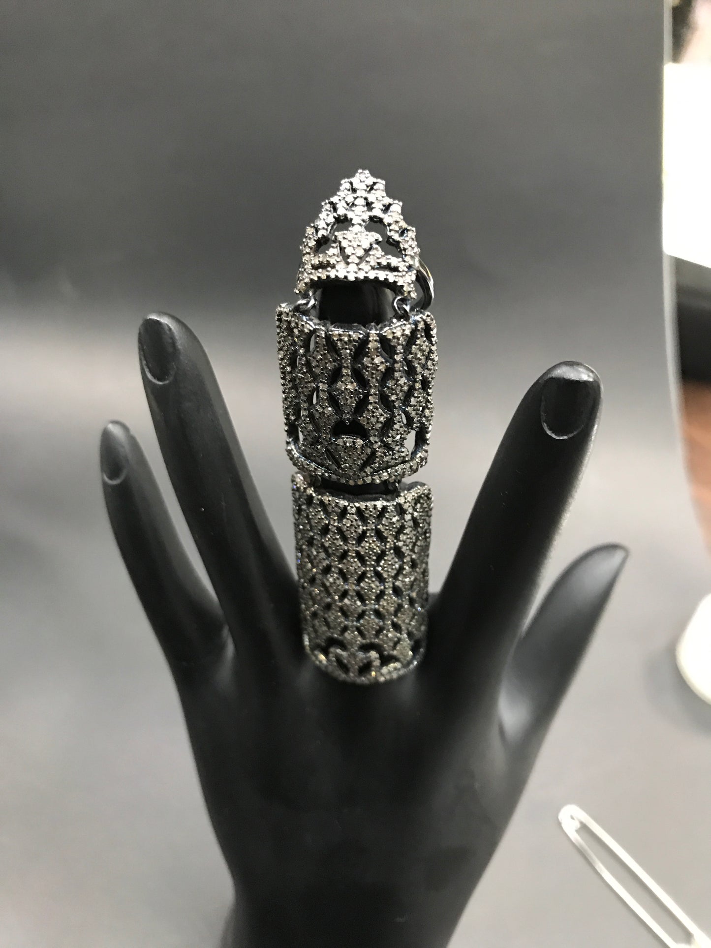 Diamond Full Finger Joint Ring Hollow Pattern Knuckle Rings,Pave Diamond Ring,Diamond Ring,Pave Ring, Statement Ring, Oxidized Silver