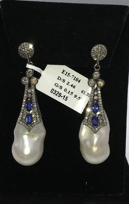 baroque pearl and blue sapphire earrings with diamond