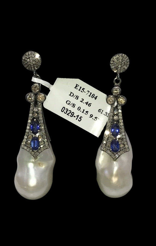 baroque pearl and blue sapphire earrings with diamond