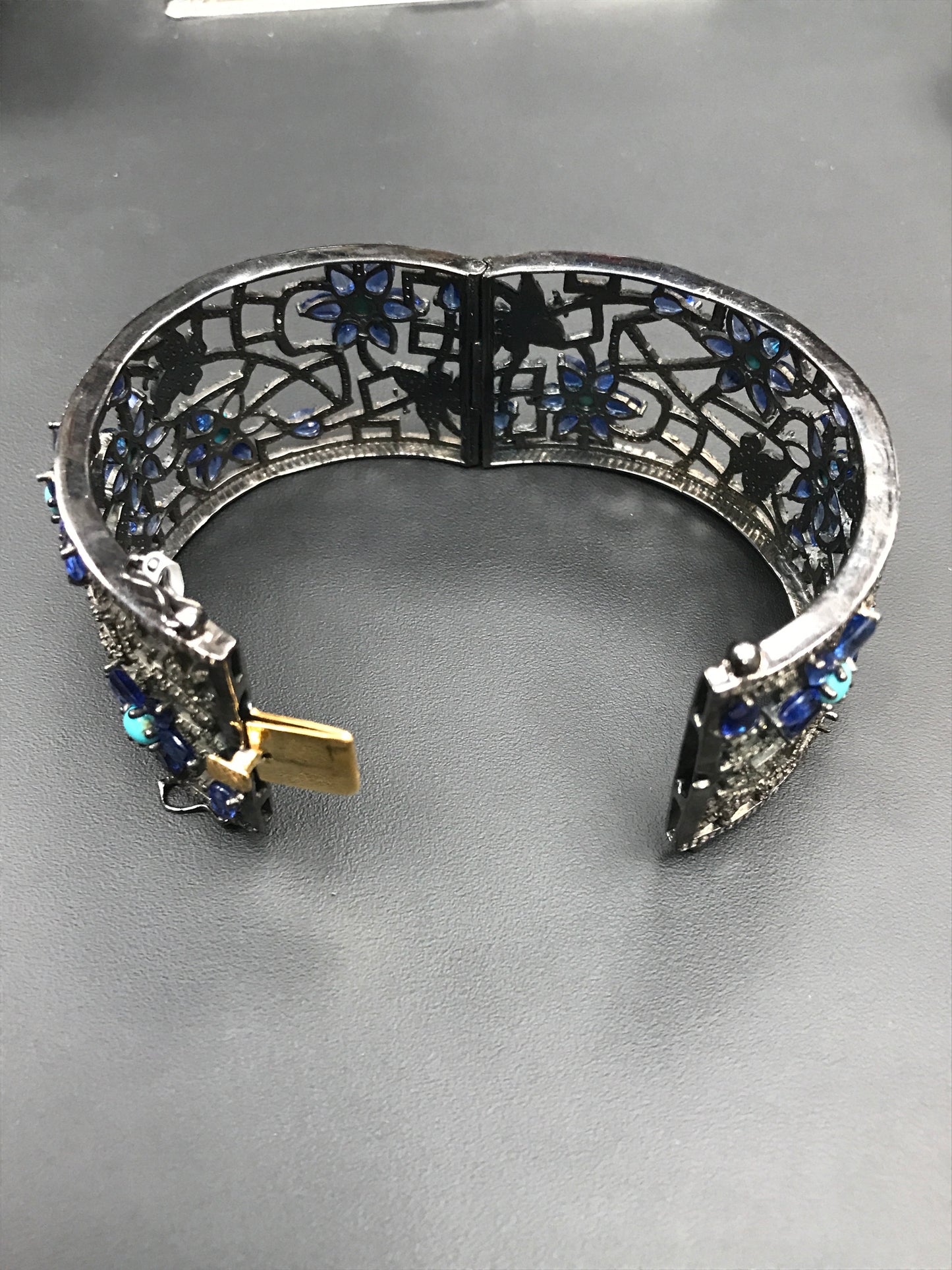 Diamond And Natural Sleeping Beauty Turquoise Bangles, Oxdized Silver,Approx 1.40''(35mm) wide
