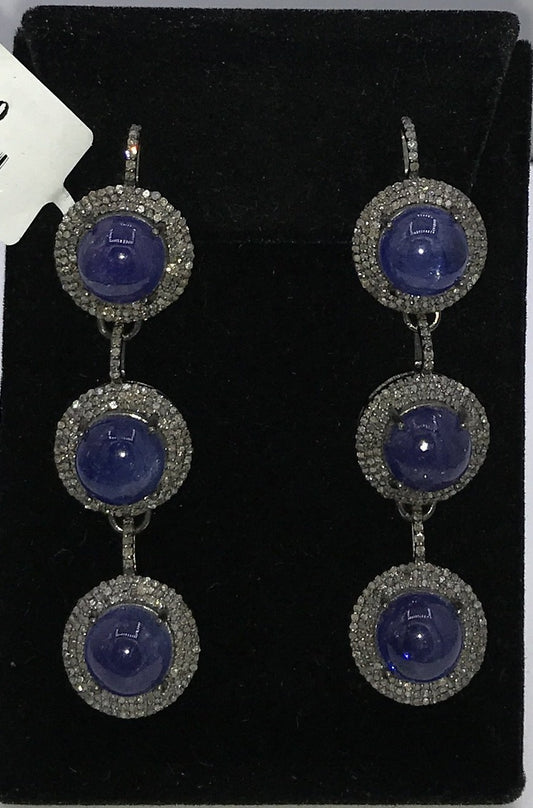 Tanzanite Round cabochon diamond triple lariat earring