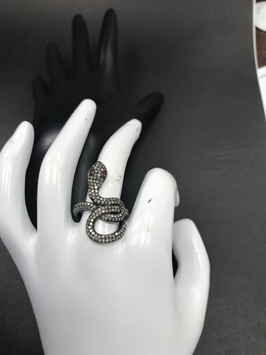 Snake Diamond and Ruby Silver Black Rhodium Finish Rings
