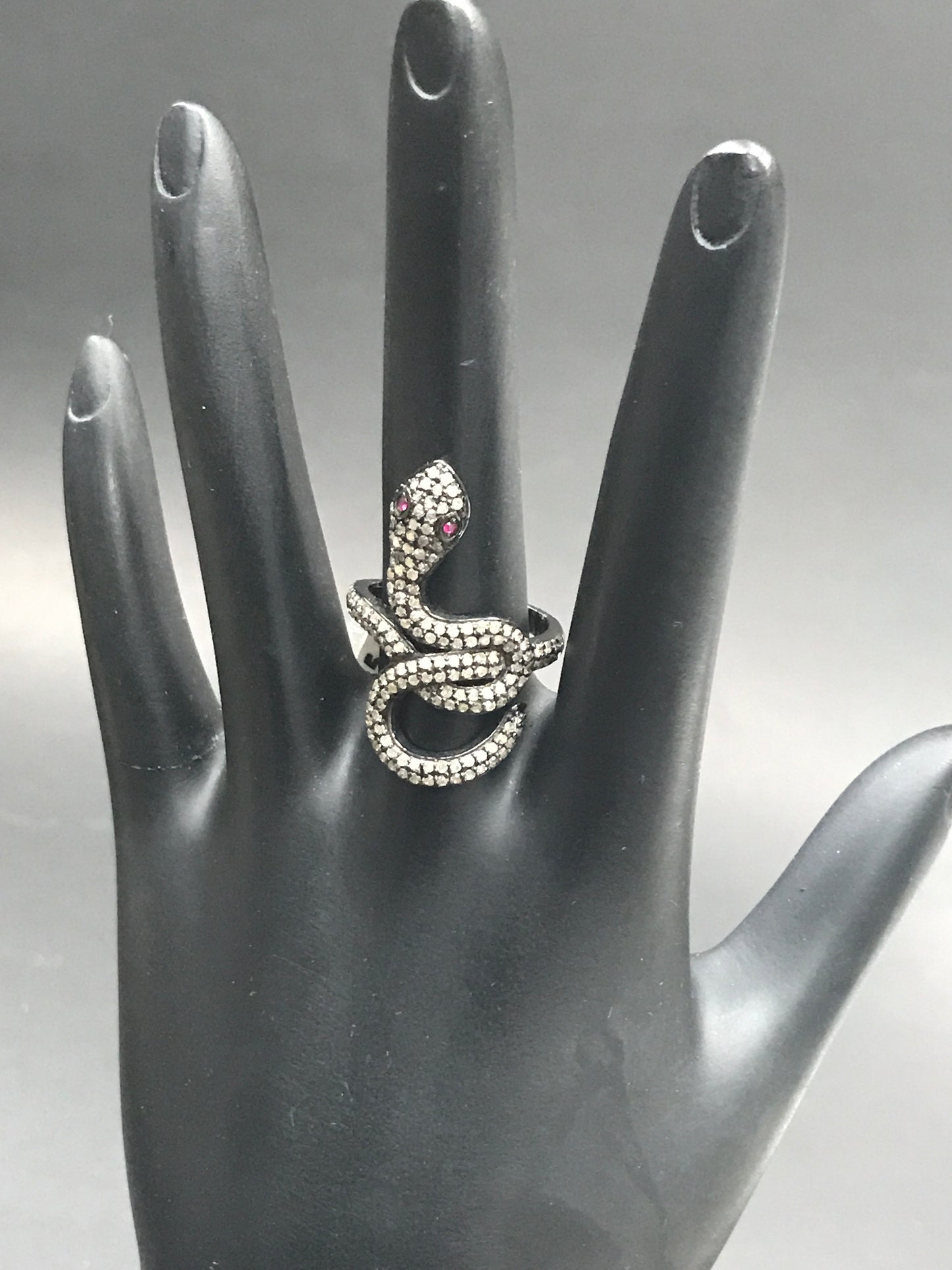 Snake Diamond and Ruby Silver Black Rhodium Finish Rings