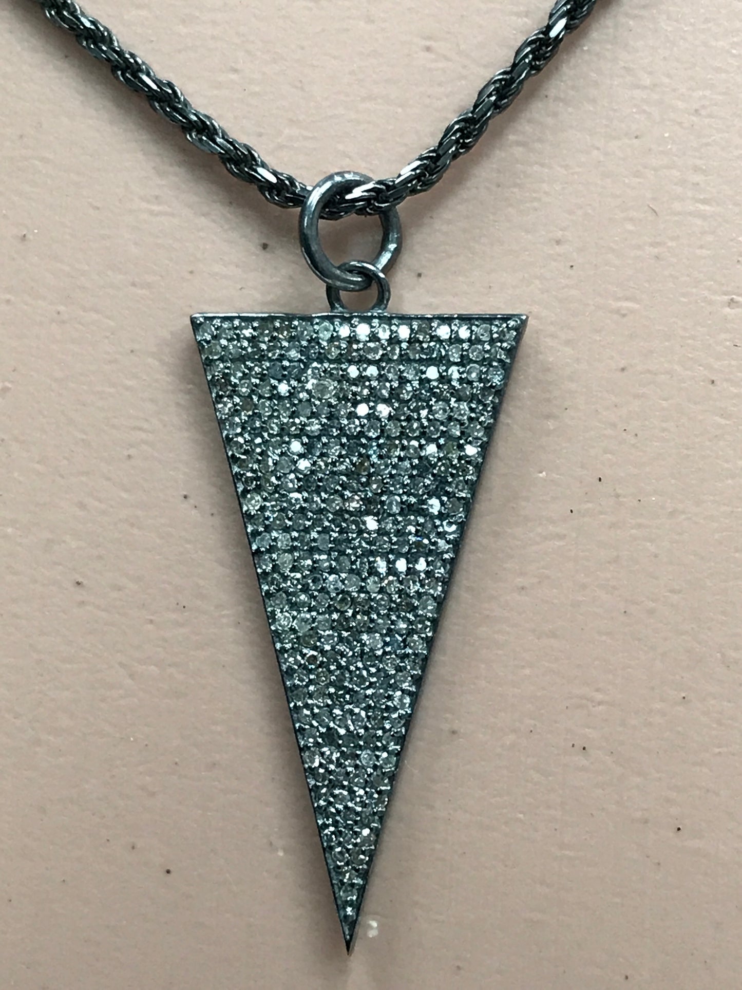 Triangle  Diamond Pendant, .925 Oxidized Sterling Silver Diamond Pendant, Genuine handmade pave diamond Pendant Size Approx 1.28"(17 x 32 MM)
