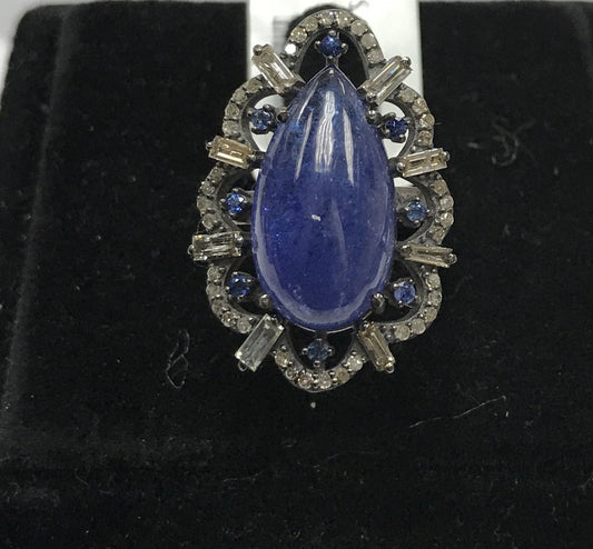 Tear Drop Shape Diamond and Tanzanite Ring