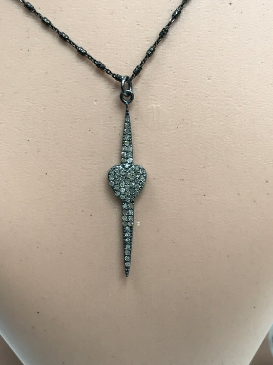 Pave Diamond Heart Pendant ,  Diamond design in sterling silver w/antique finish, Approx 1.44" Stunning