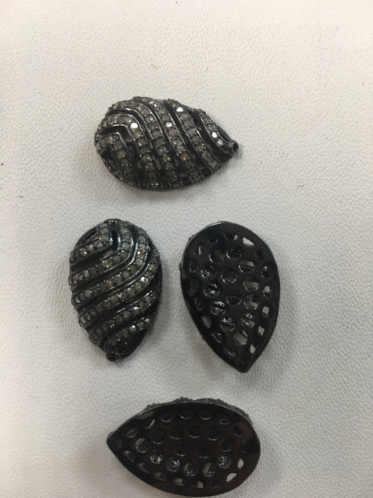 Flat Drop Shape Silver Pave Diamond Beads .925 Oxidized Sterling Silver Diamond Beads, Genuine handmade pave diamond Beads Size Approx 0.80"(6 x 14 x 21 MM)