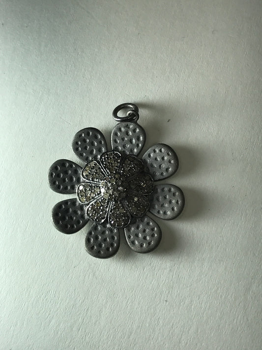 Flower Silver Pave Diamond Pendant .925 Oxidized Sterling Silver Diamond Pendant, Genuine handmade pave diamond Pendant Size 29 MM