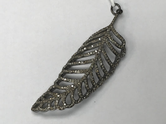 Leaf Shape Silver and Diamond Pave, Approx 65 x 19 mm