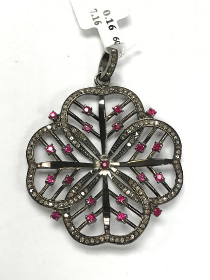 Flower Shape Diamond Pendants Charms, Ruby Encrusted, Approx 37 MM