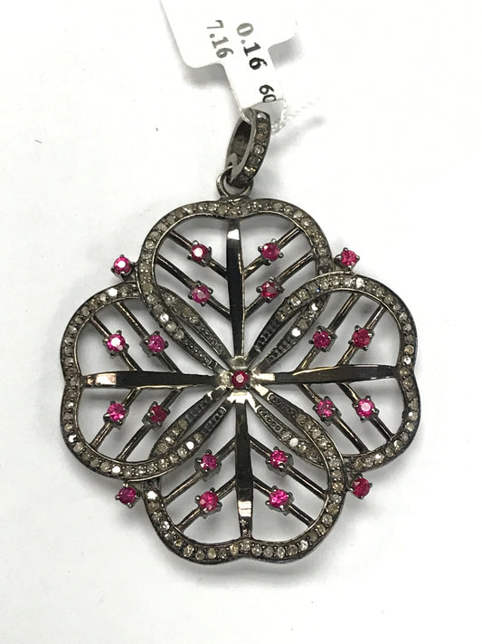 Flower Shape Diamond Pendants Charms, Ruby Encrusted, Approx 37 MM