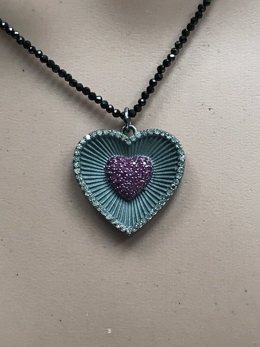 Heart Diamond Pendant .925 Oxidized Sterling Silver Diamond Pendant, Genuine handmade pave diamond Pendant Size Approx 1.00"(25 MM)