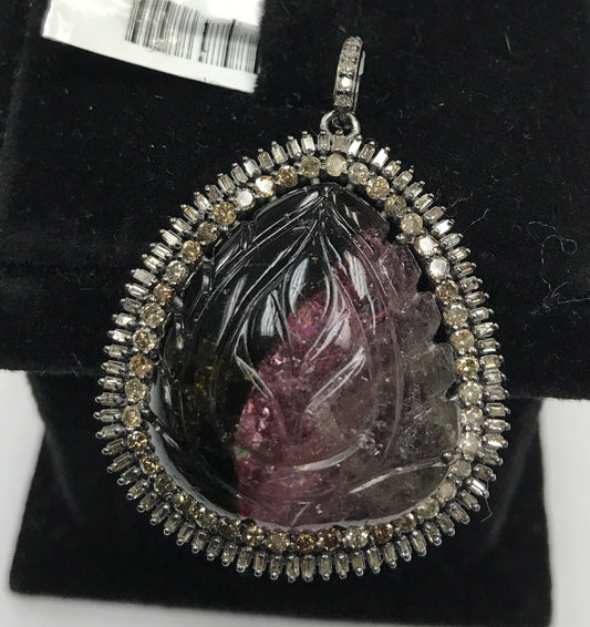 Watermelon Tourmaline Carving and Diamond Pendant