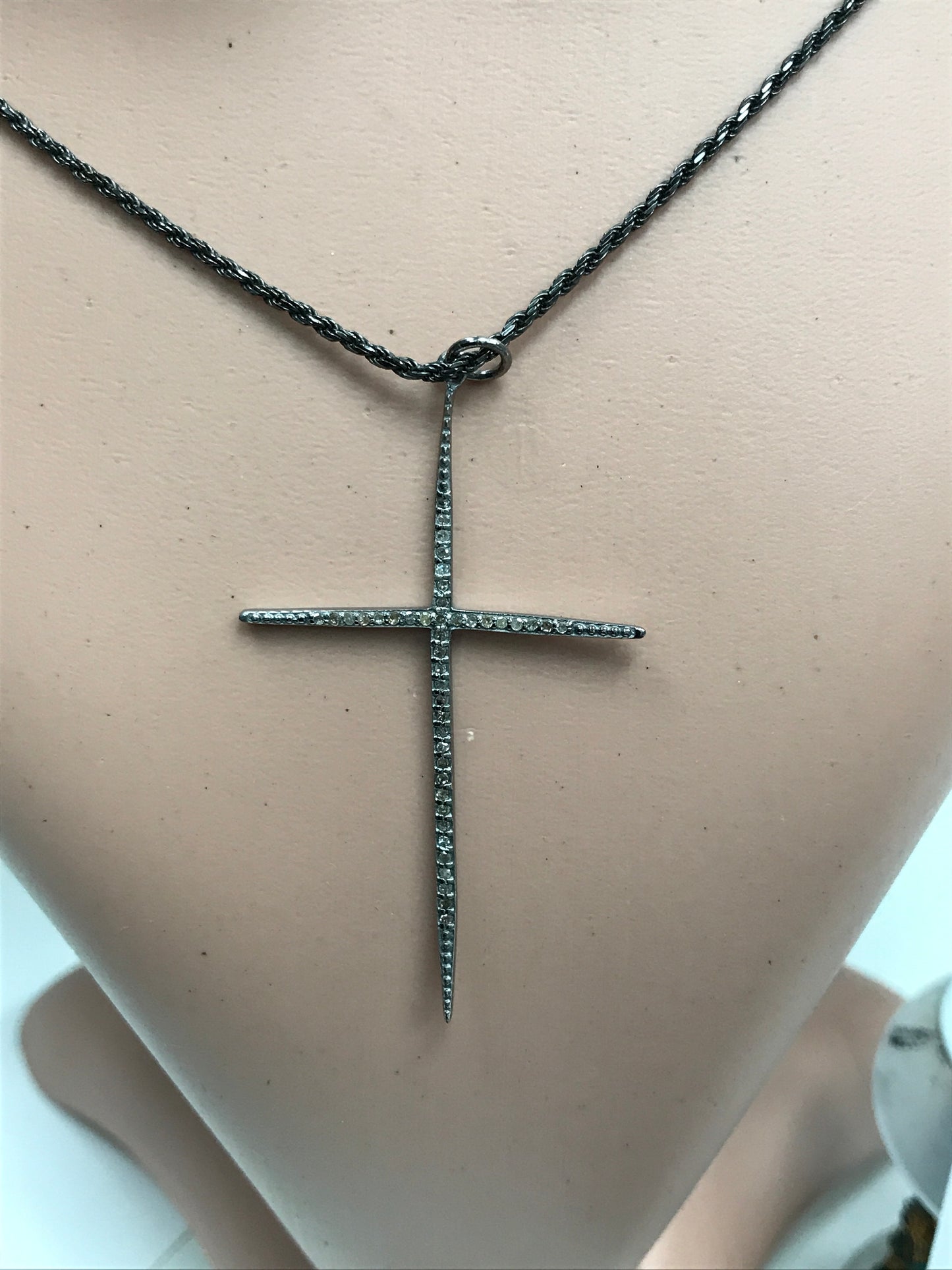 Diamond Cross Pendant, Pave Diamond Pendant,Pave Cross Necklace, Appx 58 x 35mm. Sterling Silver