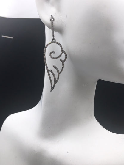 Wings Diamond Earrings .925 Oxidized Sterling Silver Diamond Earring, Genuine handmade pave diamond Earring Size 2.08"(16 x 52 MM )