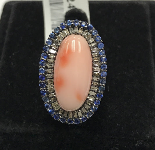 Pink Coral Ring with Diamonds and Blue Sapphire