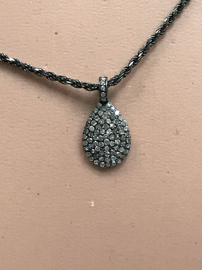 Drop Shaped Diamond Pendant .925 Oxidized Sterling Silver Diamond Pendant, Genuine handmade pave diamond Pendant Size 18 x 9 MM