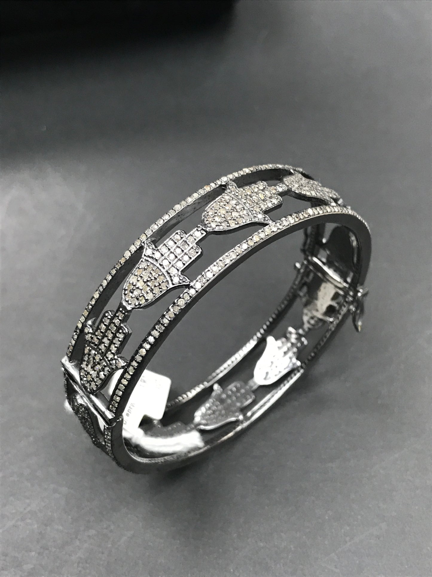 Hamsa Hand Diamond Silver Bracelet .925 Oxidized Sterling Silver Diamond Bracelet, Genuine handmade pave diamond Bracelet. Size 58 mm