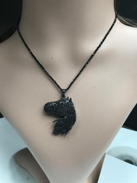 Horse Head Black Spinel Charm, Pave Black Spinel ,Approx 1.52'' ( 30 x 38 mm) Oxidized Silver, Silver ,Black Spinel