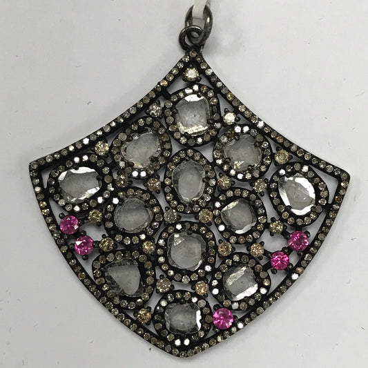 Silver Diamond Pendant With Diamond Slices And Ruby