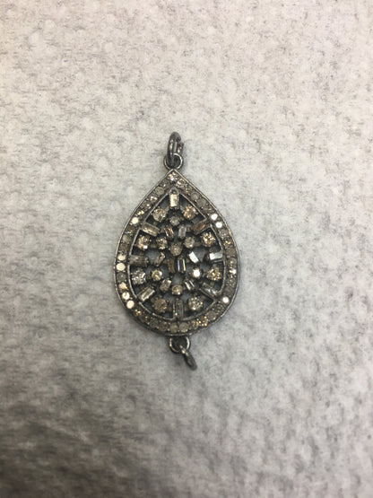 Pear Shape Diamond Connector .925 Oxidized Sterling Silver Diamond Pendant, Genuine handmade pave diamond Pendant.