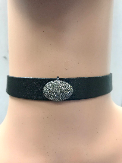 Oval Shape Diamond and Oxidized Silver on 13''x 0.50'' Leather Belt Choker with 2'' adjustable chain