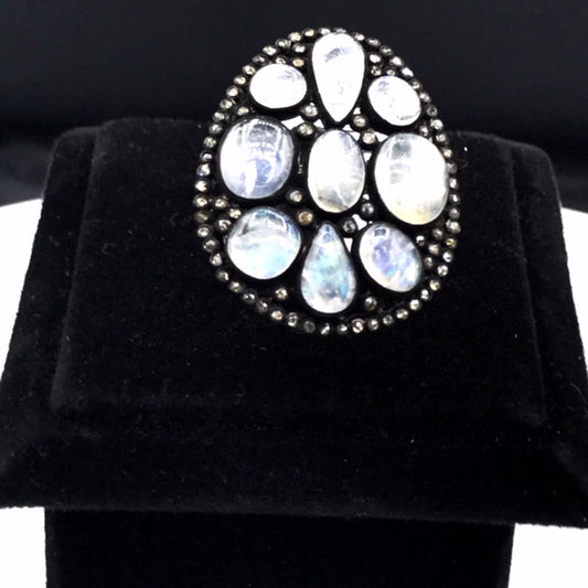 Oval Shape Rainbow Moonstone Diamond Ring