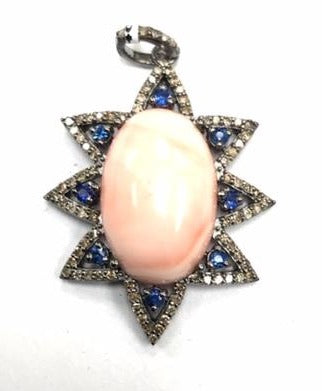 Pink Coral and Blue Sapphire studed with Diamond hand crafted over Sterling silver